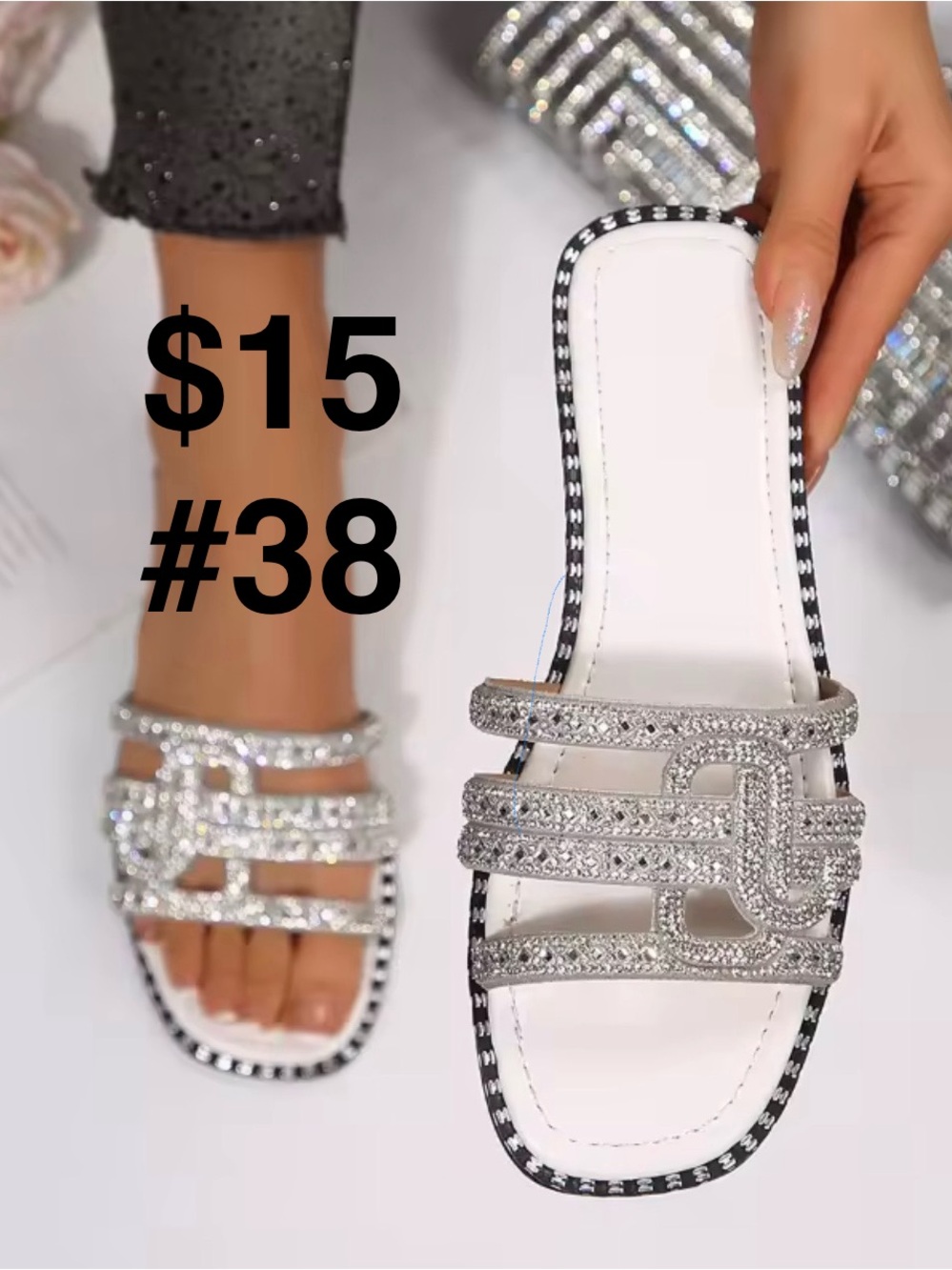Embellished White Slide Sandals with Rhinestone Straps